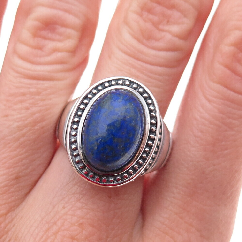 925 Sterling Silver Vintage Real Lapis Modernist Oxidized Ring Size 8